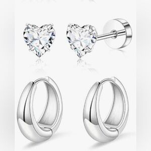 #17 Stainless Steel Silver Heart Stud and Hoop Earring Set